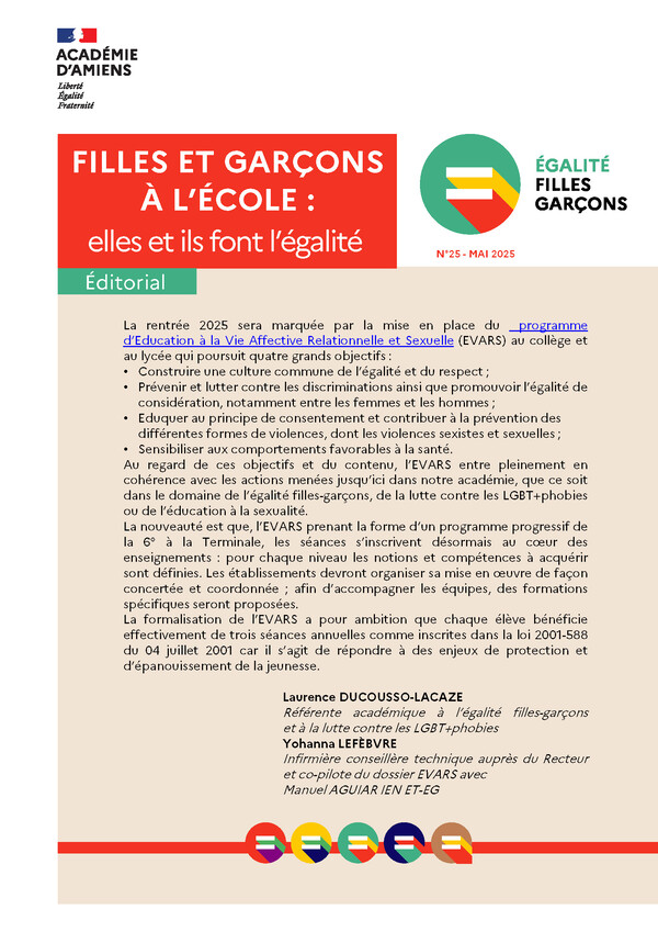 Newsletter Filles et garçons à l’école elles et ils font l’égalité - N°25 - Mai 2025